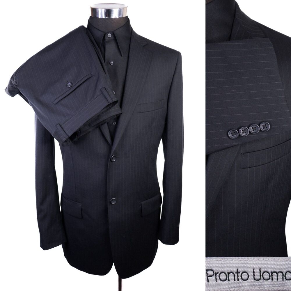 Pronto Uomo 2-Pcs Striped Black Suit Blazer Jacket Sz 41L Pants 36X32 Wool